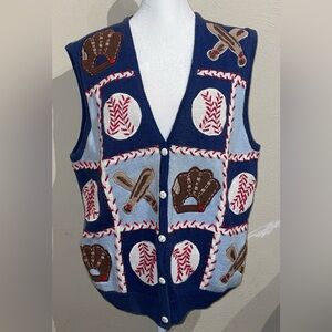 BellePointe Women’s L Vintage Baseball Blue Sweater Vest Embroidered Grannycore